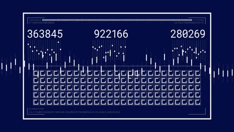 animation of rectangle with changing numbers and loading squares on blue background