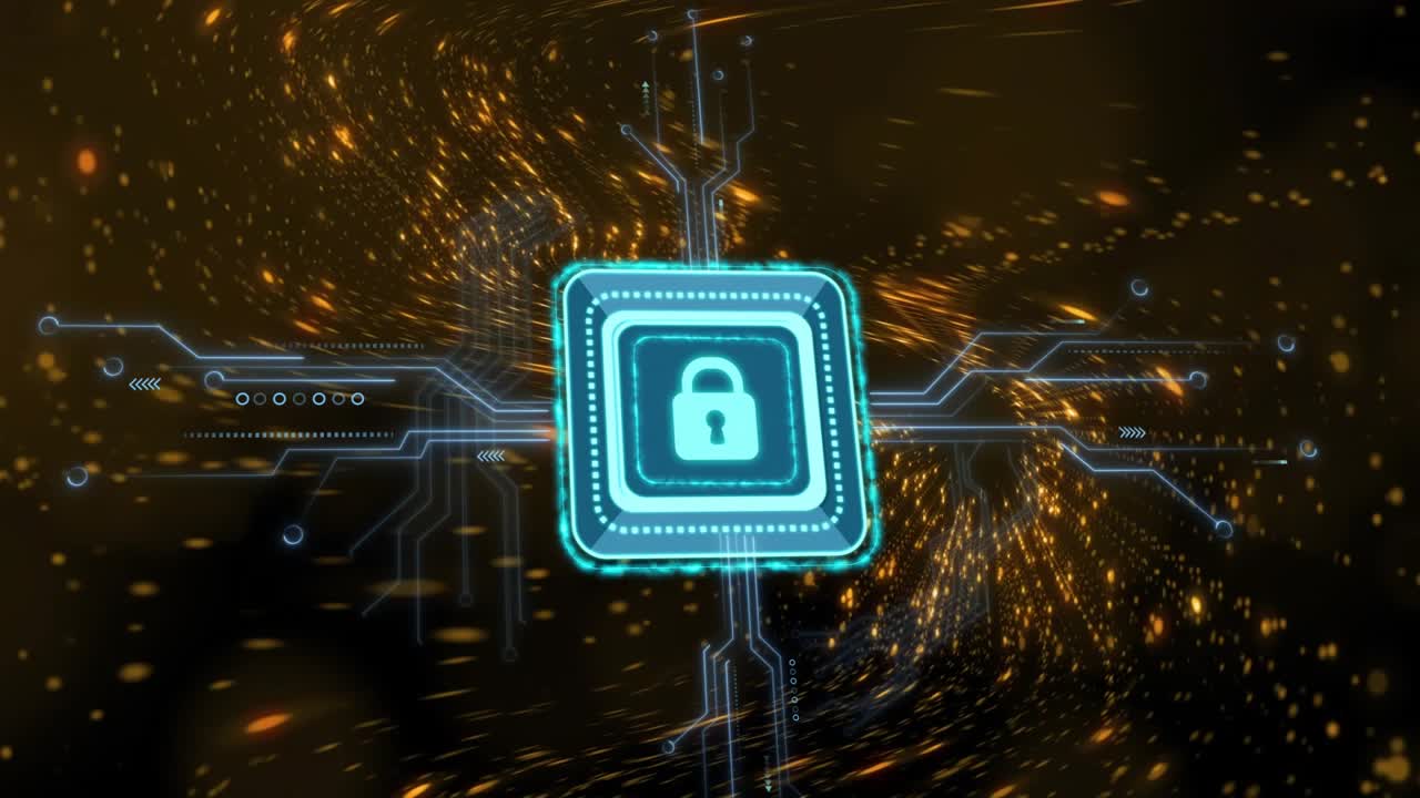 Golden sparks emerging, circuits lighting and dots swirling around lock chip pulsing, securing data