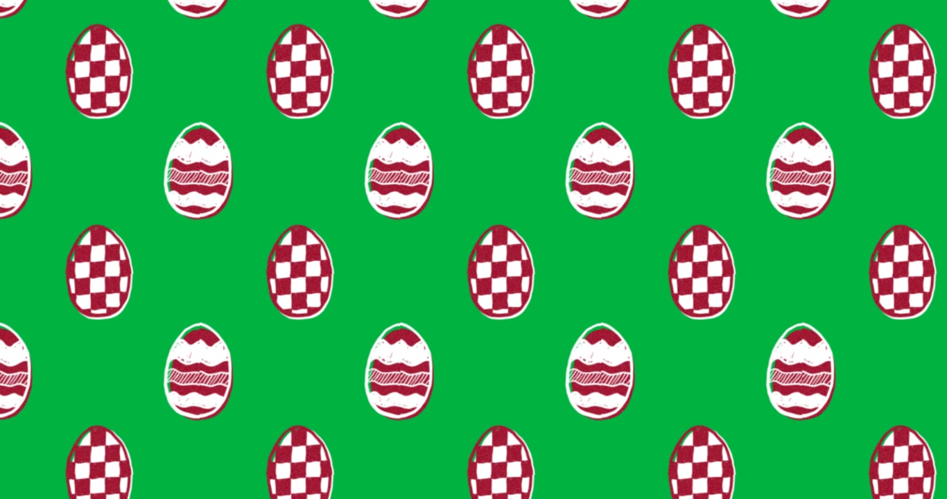 Looping, tiled motif shifting horizontally, red checked or wavy eggs showing seams on transparent bg