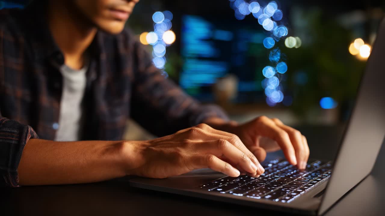 In a digital workspace, a focused individual types intently on a laptop keyboard, showcasing the blend of technology and productivity in a vibrant, softly lit environment filled with abstract lights