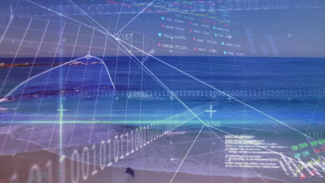 Animating financial data and graphs over serene ocean landscape with sunset backdrop