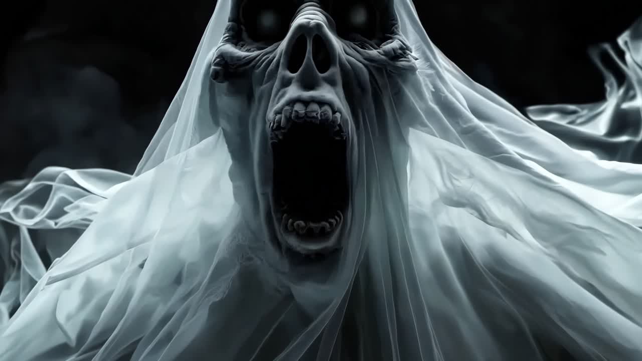 un fantasma con una cara fantasmal y un velo blanco en la cabeza