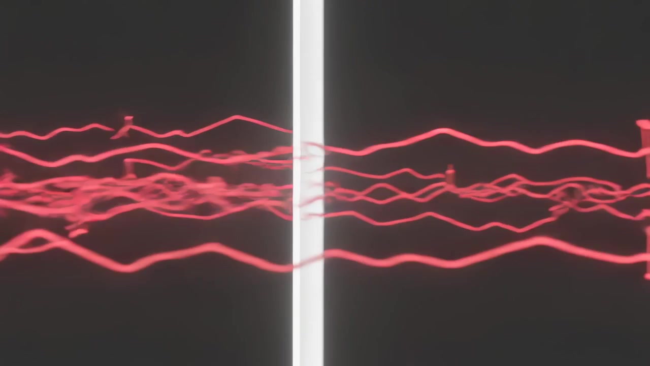 Appearing left round glow, forming central white beam, red waves moving across dark field, brackets