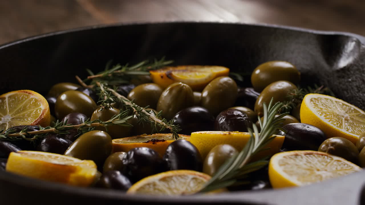 Olives, Lemon, and Herbs in a Cast Iron Pan