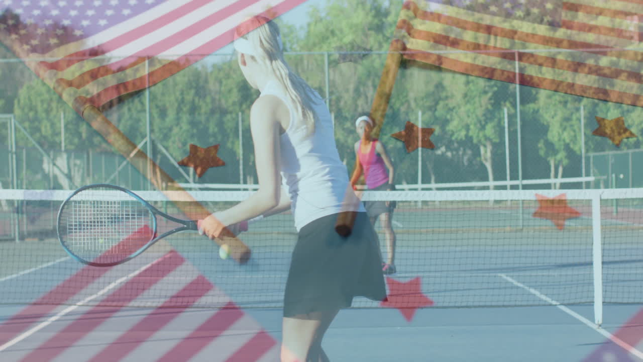 Women swinging tennis rackets on outdoor court, mixing American flag overlay with fitness graphics