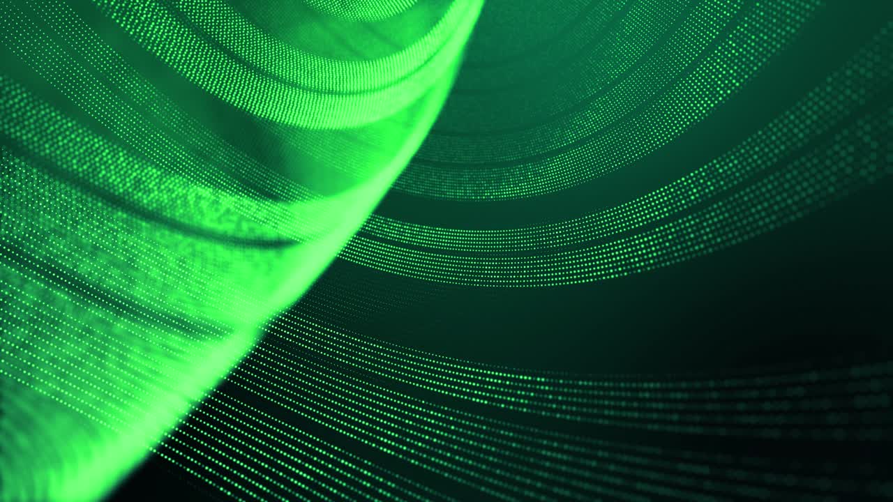 4k looped abstract green background of glow particles form lines, surfaces, round structures as futuristic landscape in cyberspace or hologram. Sci-fi theme with DOF, lighting effects and bokeh.