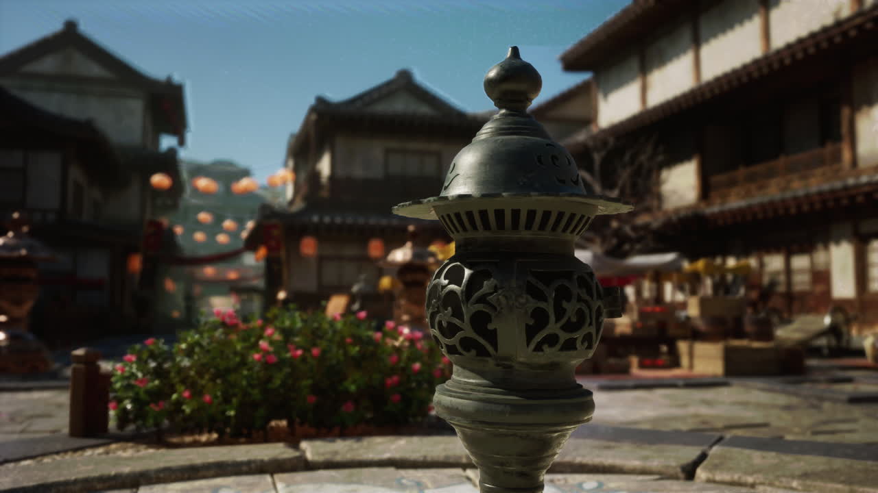 plaza tradicional de la ciudad asiática con quemador de incienso