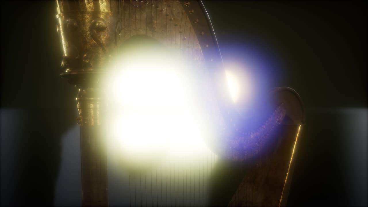 instrumento de arpa en la oscuridad con luces brillantes