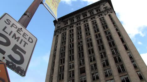 West-side-of-Michigan-Central-Station-in-Detroit,-Michigan,-USA