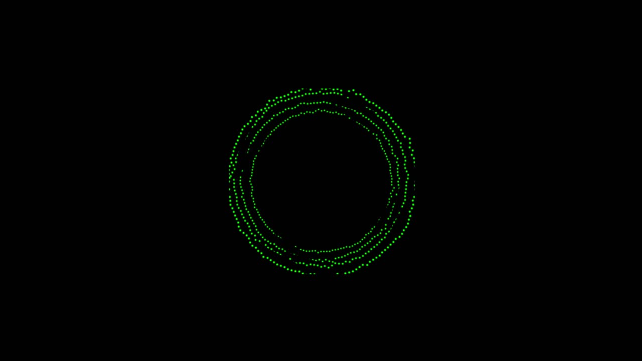 Abstract green circular form with pulsating lines and dots on a black background. Represents audio equalizer, sound wave, or futuristic interface. Seamless loop