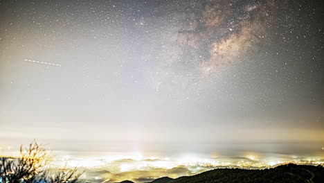 milky way galaxy spin above city with ultra high light pollution, time lapse