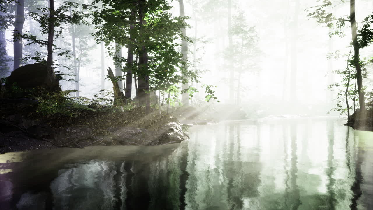Misty morning light dances over a tranquil forest river in early spring