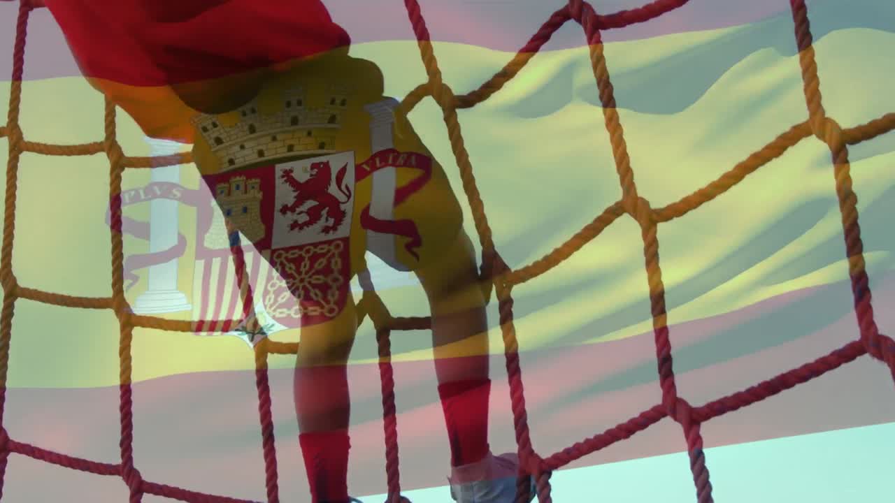 animación de la bandera de españa sobre un niño caucásico durante el entrenamiento de una carrera de obstáculos