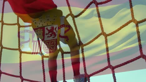 Animation-of-flag-of-spain-over-caucasian-boy-during-obstacle-race-training