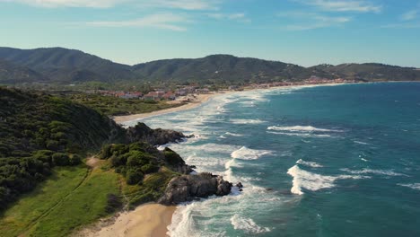 windy beach in sarti halkidiki greece, aerial scenic view of turbulent waters in greek coastal village