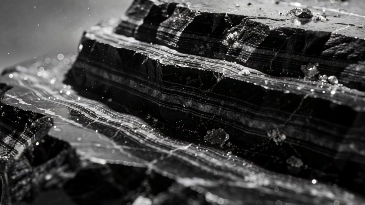 動くカメラが、テーブルの上の光の下にある縞模様のスラブを映し出し、下層に焦点を合わせると結晶が見える。
