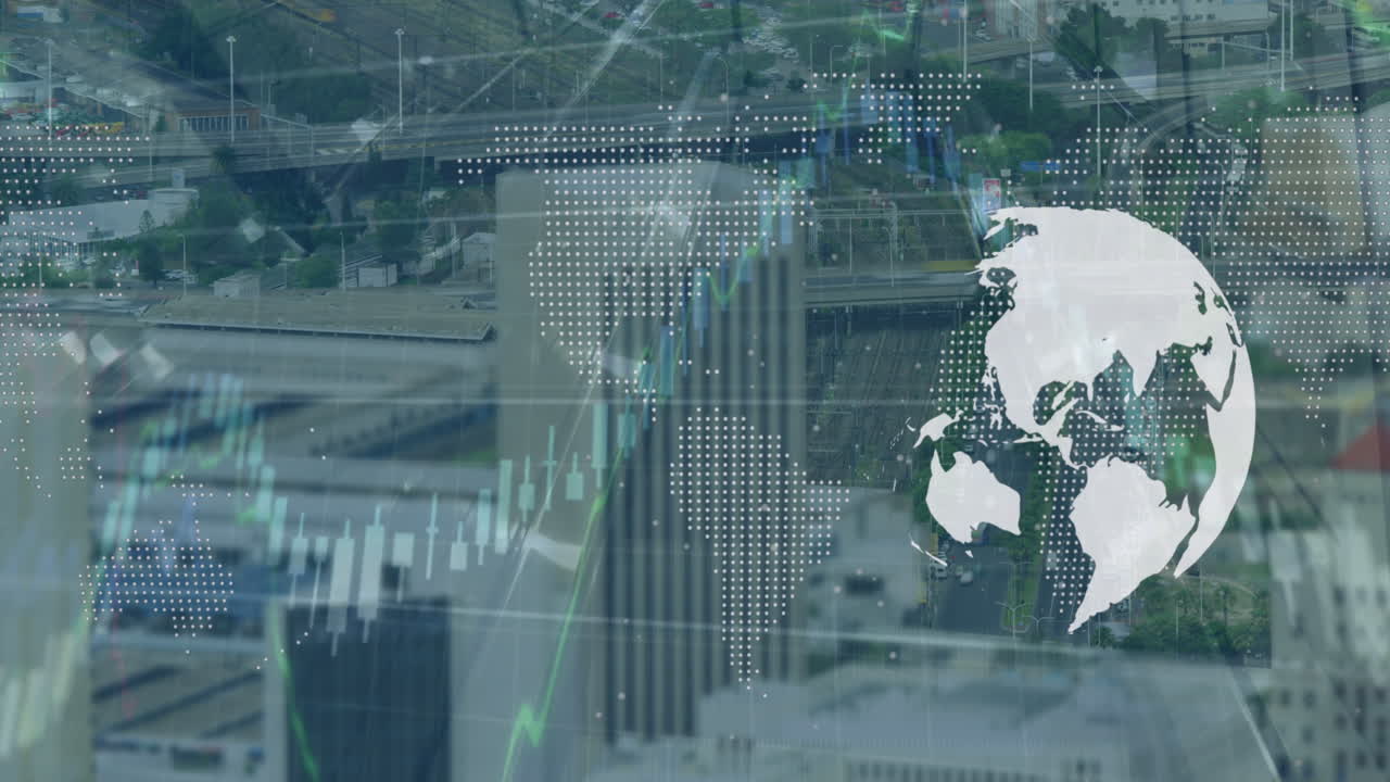 도시 풍경 위의 지구와 세계 지도를 사용하여 금융 데이터 처리의 애니메이션
