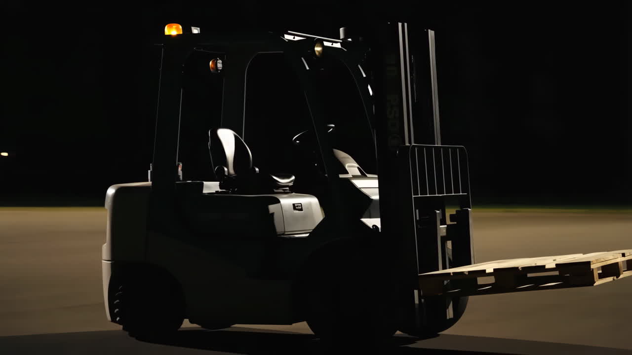 Forklift operating at night with a pallet