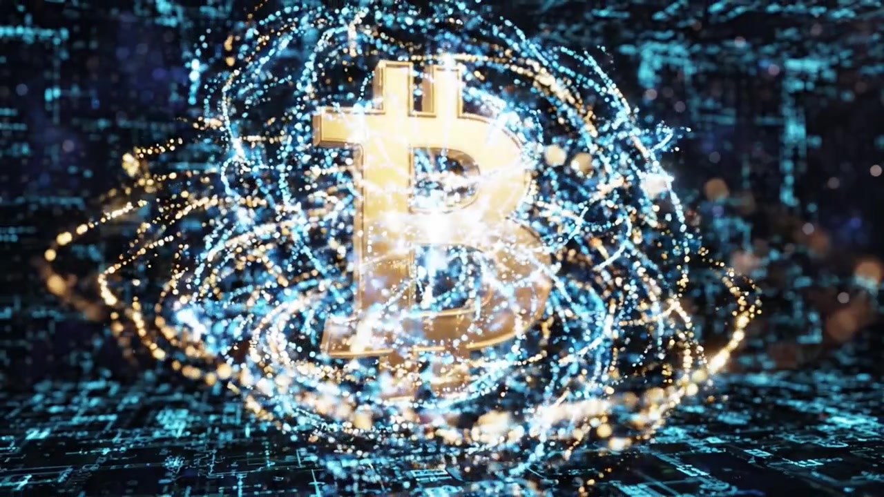 Esplorando la frontiera digitale delle criptovalute: Una visualizzazione mozzafiato di Bitcoin in un ambiente tecnologico dinamico.