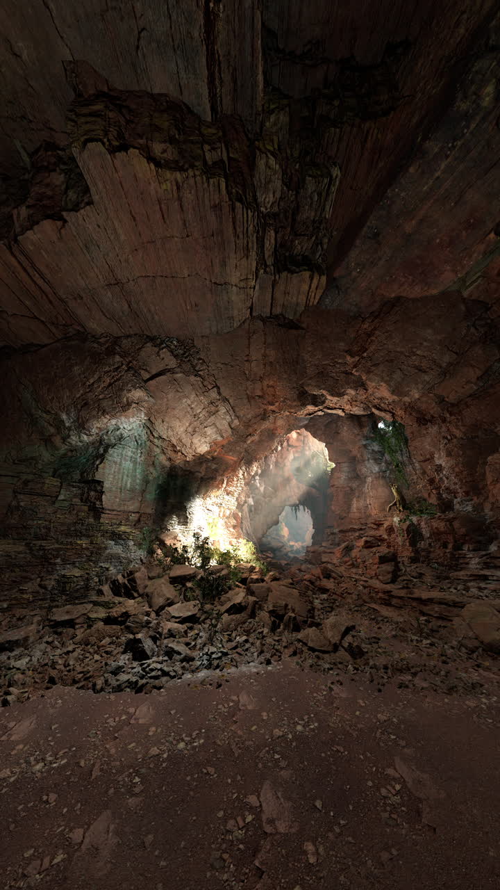 explorando una cueva oscura con luz fluyendo en