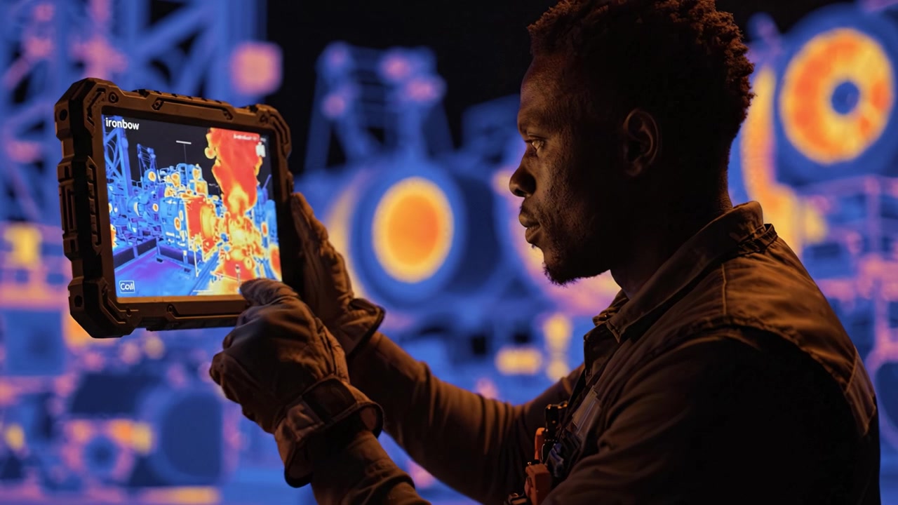 A technician utilizing advanced thermal imaging technology to monitor equipment efficiency in an industrial environment, showcasing innovative problem-solving skills.