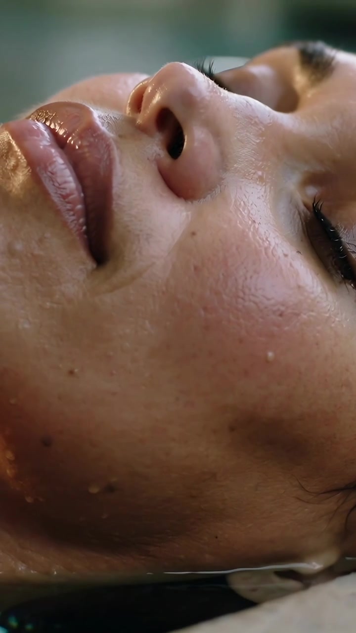 Video verticale: La telecamera inquadra una donna che respira durante un trattamento viso su un lettino da spa, mostrando goccioline sulle labbra lucide.