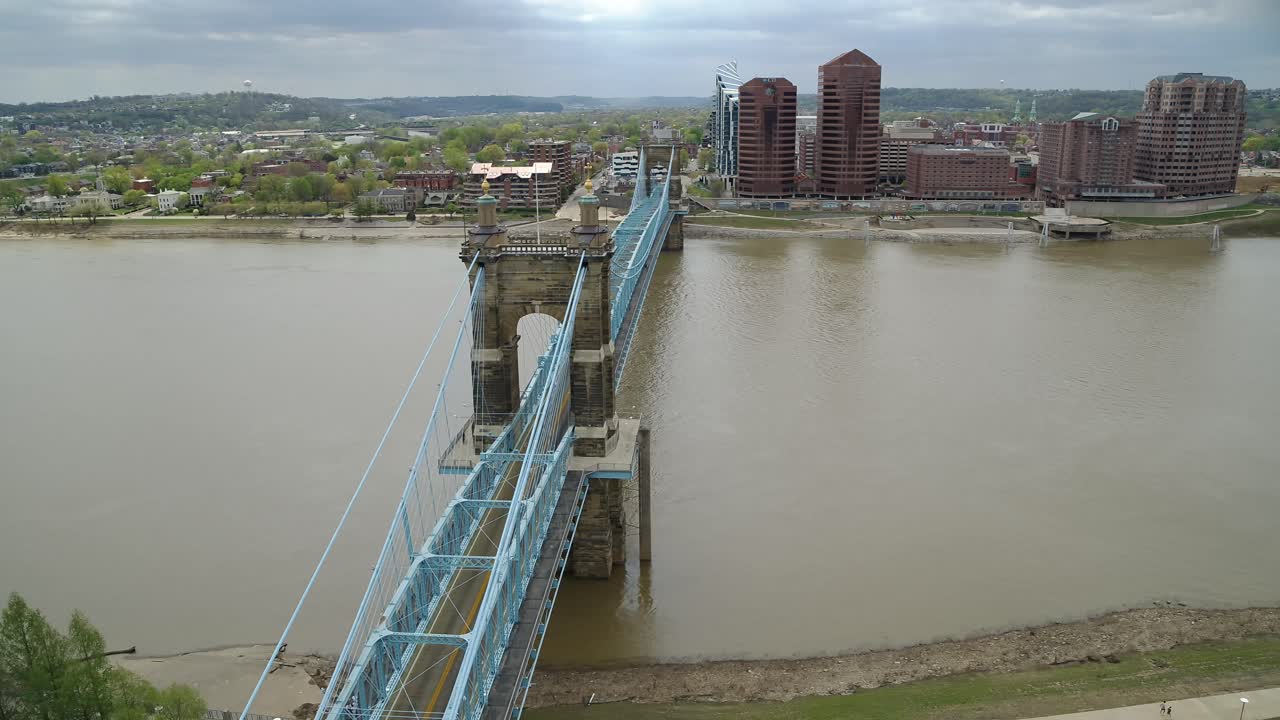 John A. Roebling Suspension Bridge over the Ohio River with a view of Covington, Kentucky with drone video left to right.