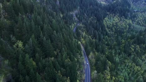 Traffic-on-a-car-way-through-the-forest,-majestic-areal-view-of-road-running-through-the-nature