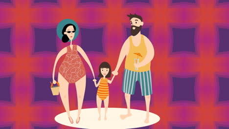animación de la ilustración de padres felices y hija en ropa de playa tomados de la mano