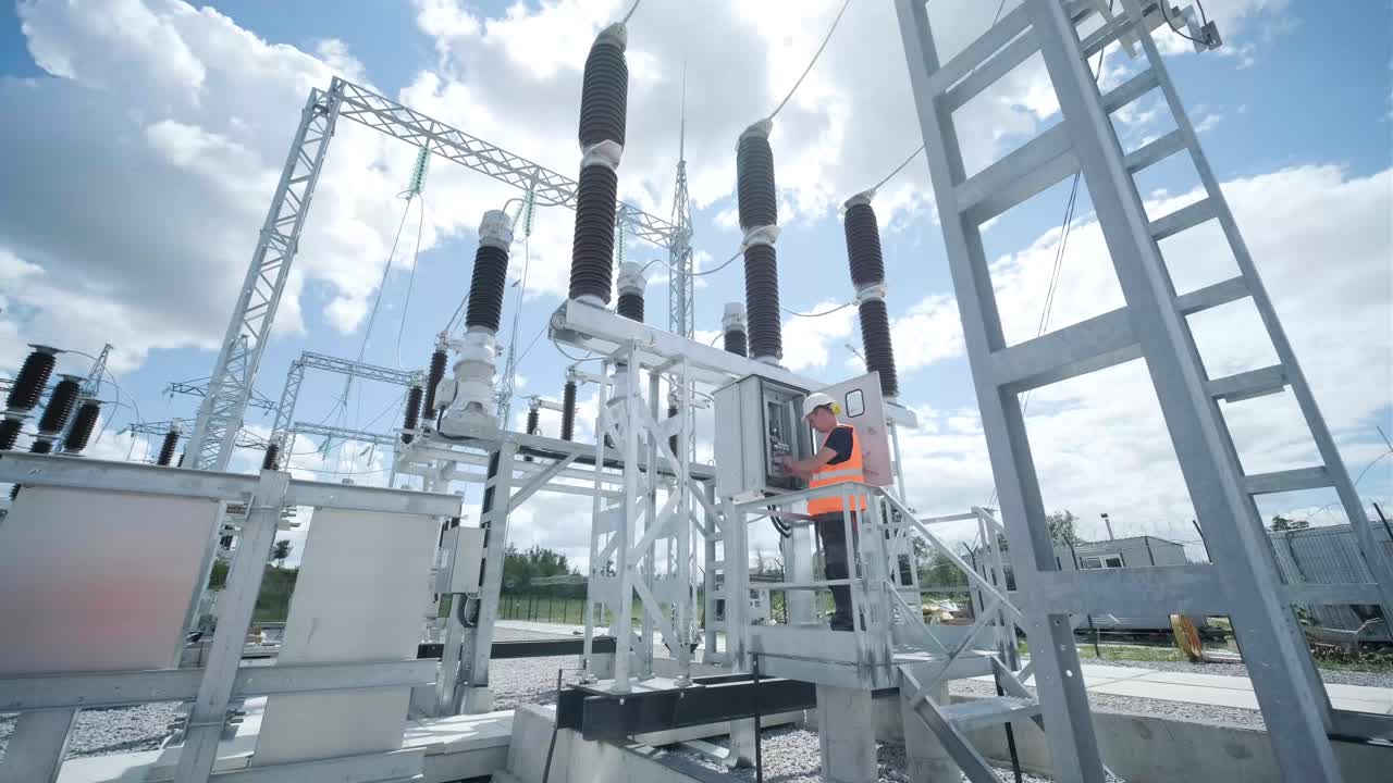 전기 엔지니어가 장비 제어 캐비에서 전기 시스템을 검사합니다.