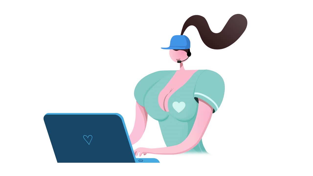 Seamless loop. Beautiful girl with shaking boobs from support typing an answer. 8 different color variations.