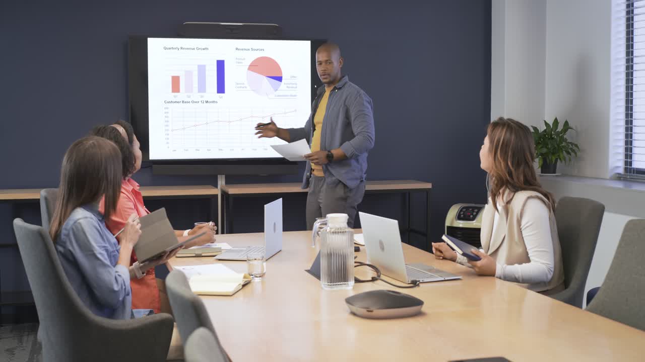 After group discussion, Black man in conference room pointing at data charts and highlighting trend