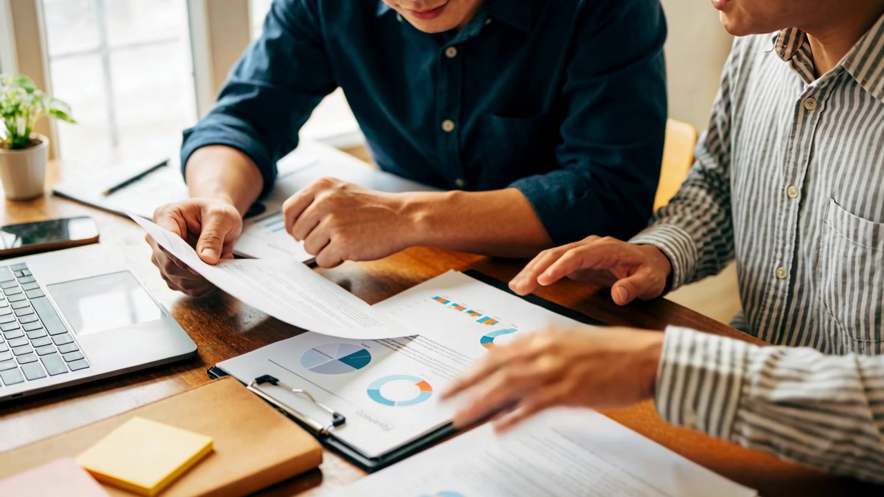 Pointing left blue-shirted colleague starting report review, comparing data at table, clipboard