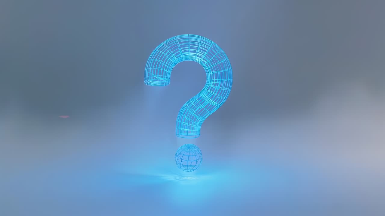 Starting as blue wireframe ?, hologram morphing into ! to signal change in studio, glowing dot