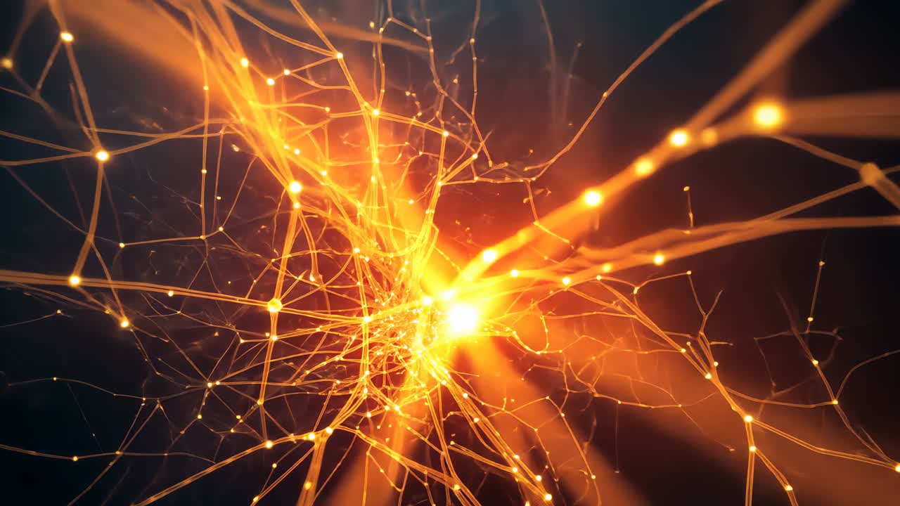 Emerging hub sending pulses through orange filaments in 3D void, lighting bright nodes