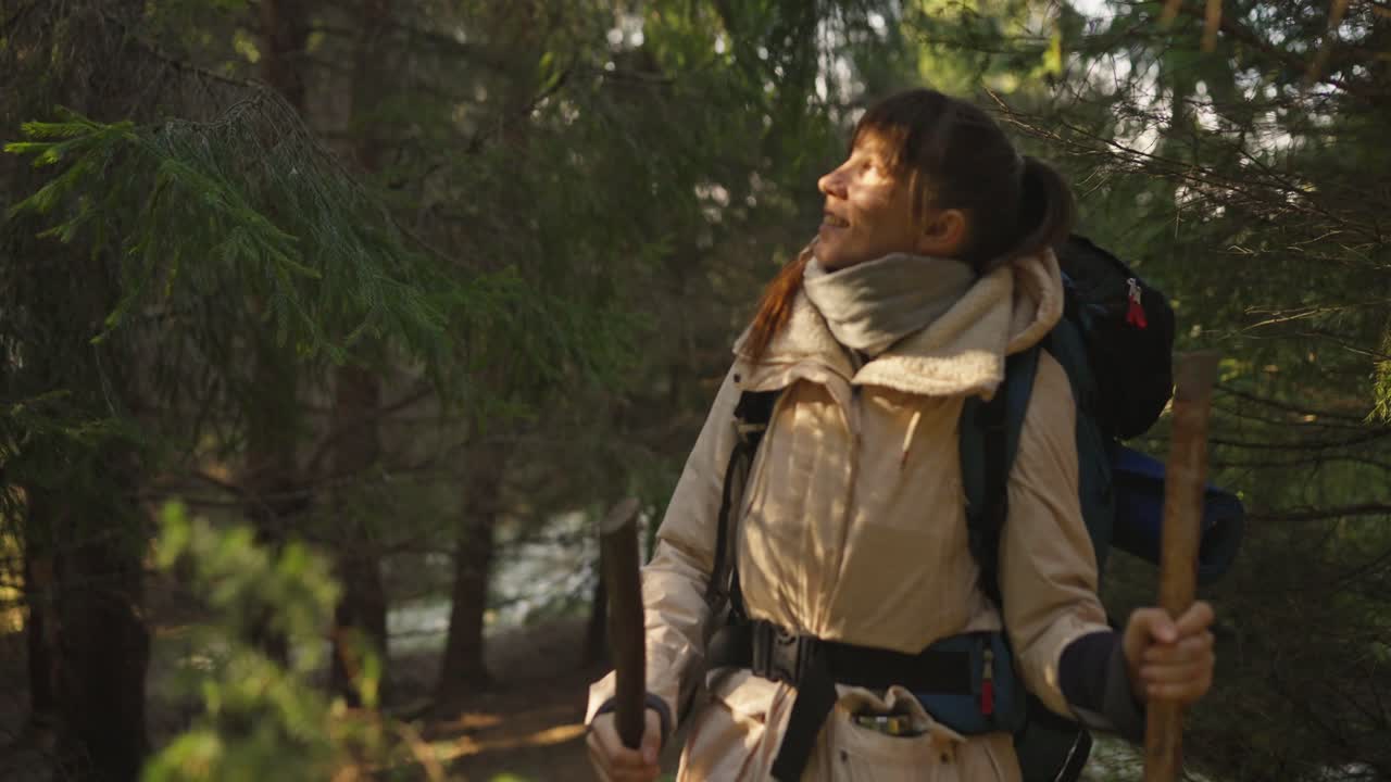 Mujer de senderismo en el bosque