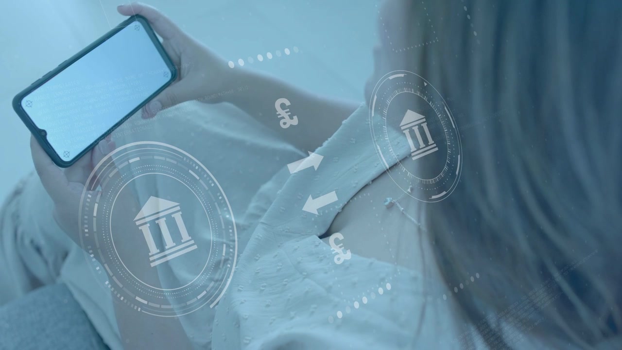 Woman reclining tilting phone while monitoring funds, finance HUD animating bank icons and €$¥£