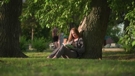 woman sitting outdoors, leaning against tree on grassy field, reading a book under warm sunlight, tree leaves sway gently in breeze, background shows building and two people walking, slightly blurred