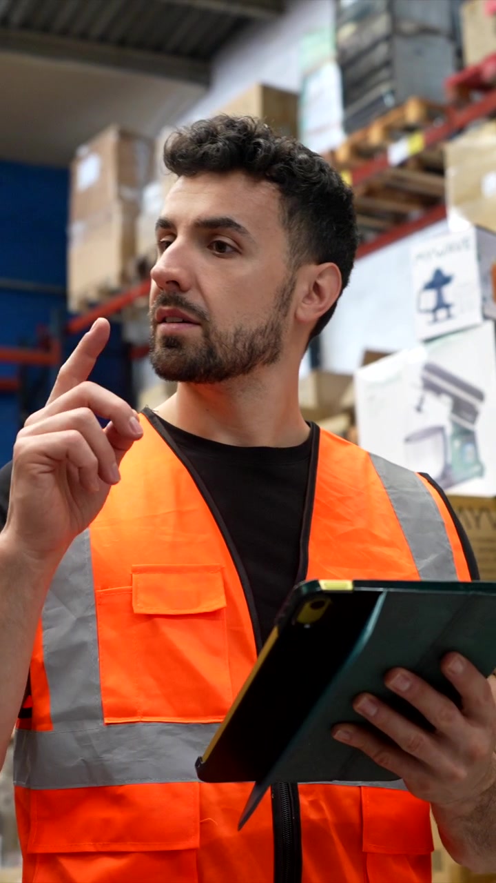 Warehouse Worker in Safety Vest Using Tablet for Inventory