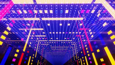 hologram tunnel. fly through mirror tunnel with neon pattern, glow lines form sci fi pattern. bright reflection neon light. simple bright background, sci fi structure. 4k seamless looped animation.