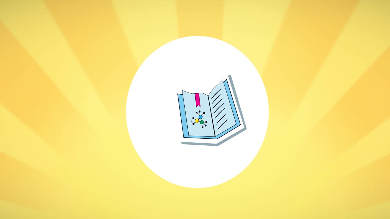 animación digital del icono del libro de texto sobre una bandera circular blanca contra un fondo radial amarillo
