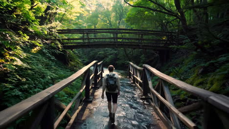 person walking on a bridge through a forest stream
