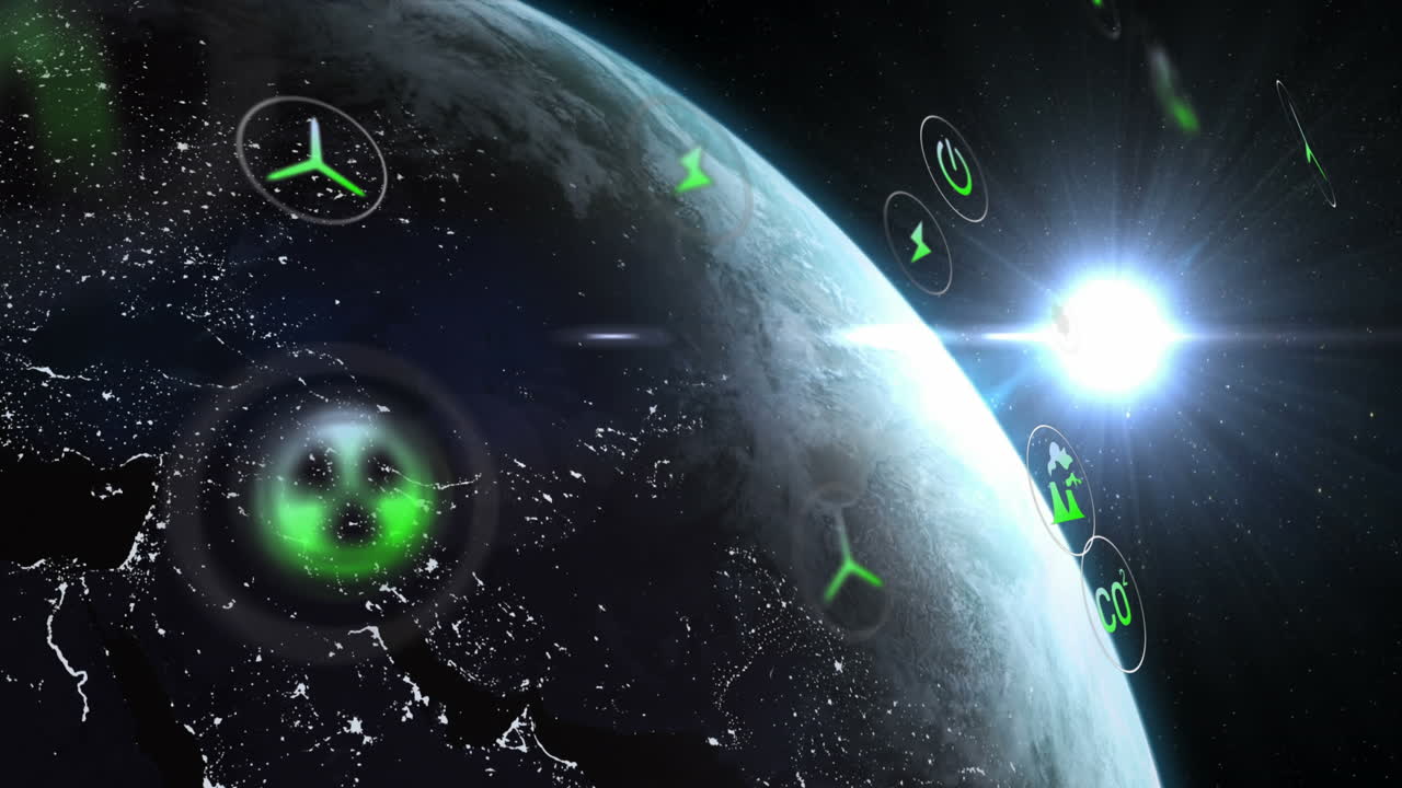 animación de iconos ecológicos y procesamiento de datos en todo el mundo