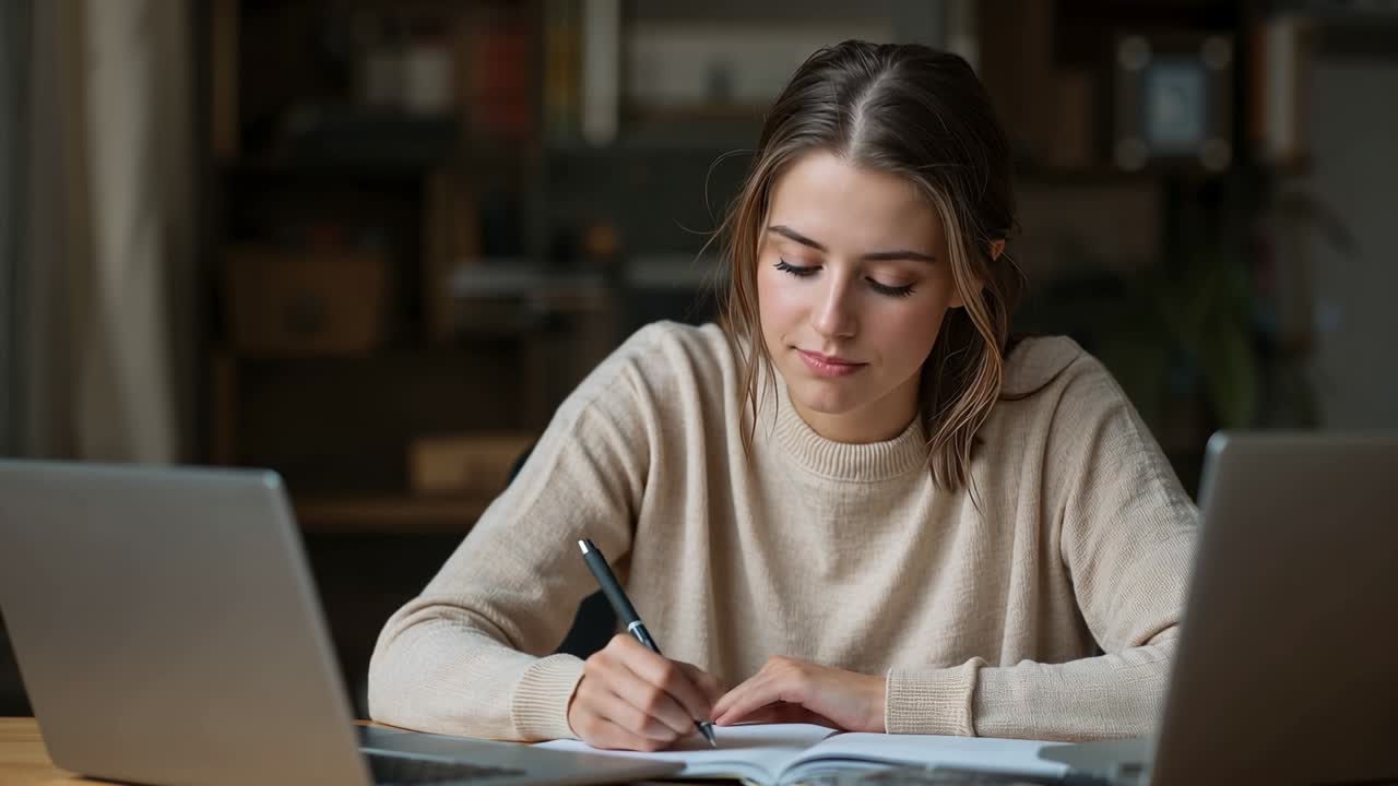 Smilende kvinne i beige genser ser opp, studerer hjemme og skriver notater mellom to bærbare datamaskiner