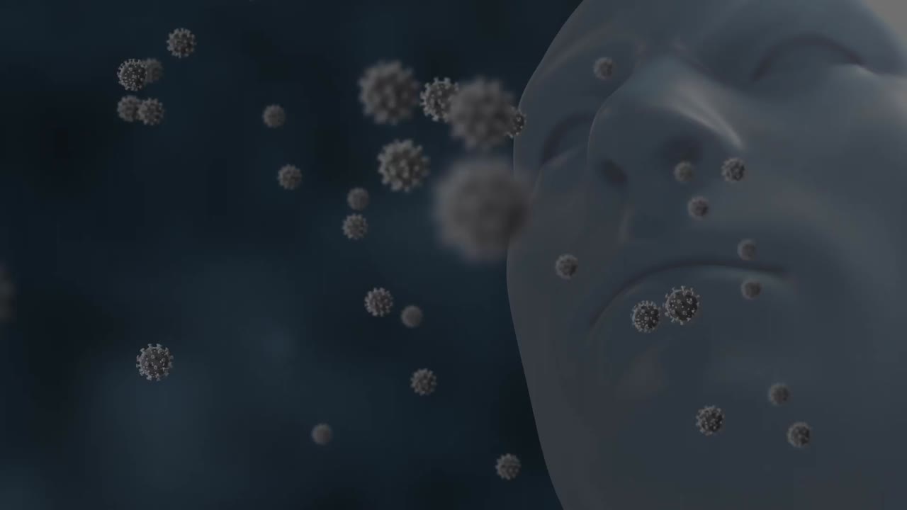 Struttura del DNA, cellule COVID-19 e strutture molecolari che fluttuano su un modello di volto umano