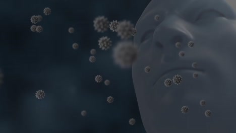 dna structure, covid-19 cells and molecular structures floating against human face model