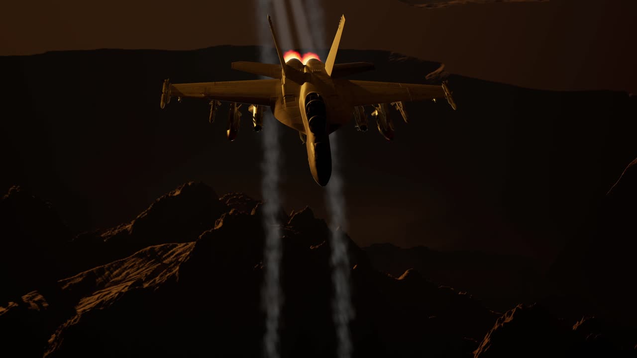 군용 비행기가 해가 지면 전장에 폭탄을 떨어뜨린다.