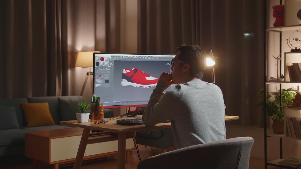 Designer che lavora su un modello 3D di scarpe