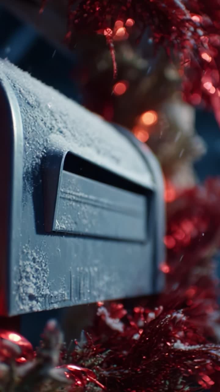 A Close-Up View of a Frosted Mailbox Decorated with Shimmering Red Tinsel, Capturing the Essence of a Winter Season and Holiday Cheer through a Fresh Perspective in Two Frames