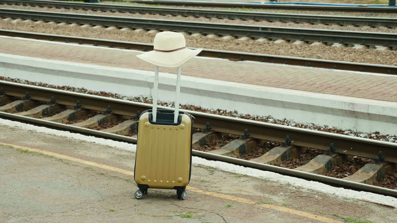 鉄道を背景にした帽子付きの旅行バッグ